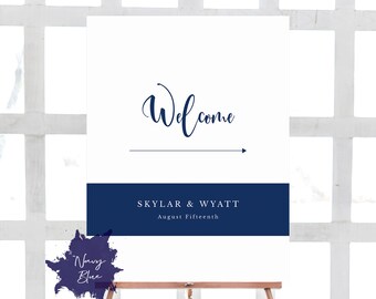 Navy Stripe Welcome Arrow Sign Template, Printable Wedding Direction Sign, Reception Sign, TEMPLETT PDF Jpeg Download, Modern #SPP035arr