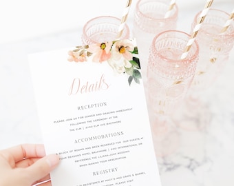 Blush Floral Wedding Enclosure Card Template, Printable Details Card, Information card, Wedding Enclosure, TEMPLETT, Watercolor #SPP066wd