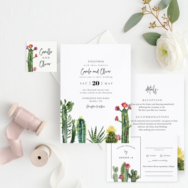 Cactus Wedding Invitation Template, Wedding Invitation Set, DIY Wedding Cards, TEMPLETT, PDF, Jpeg, Watercolor Greenery #SPP087wis