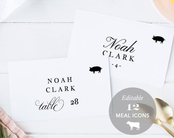 Wedding Place Card Printable, Name Card Template, Meal Choice Selection, Table Number Card, Seating Card, Templett, Avery #SPP014iipc