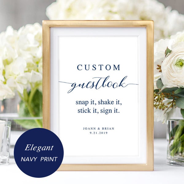 Navy Custom Guestbook Sign Template, Printable Guest Book Sign, Globe Bottle Jenga Photo Guestbook, TEMPLETT, Instant Download #SPP008cgs