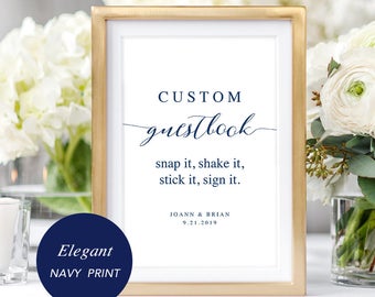 Navy Custom Guestbook Sign Template, Printable Guest Book Sign, Globe Bottle Jenga Photo Guestbook, TEMPLETT, Instant Download #SPP008cgs