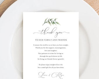 Wedding Thank You Note, Thank You Card, Thank You Letter, In Lieu of Favor Card, Place Setting, Watercolor Greenery, TEMPLETT #SPP011ty