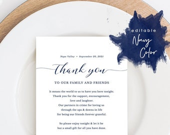 Navy Wedding Thank You Note, Thank You Card, Thank You Letter, In Lieu of Favor Card, Place Setting Card Templett Instant Download #SPP008ty