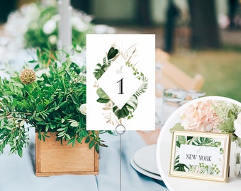 Hawaiian Greenery Table Numbers Template, Wedding Table Number Printable, Rustic Wedding, TEMPLETT, PDF Jpeg, Monstera Leaf #SPP067tn