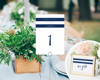Navy Stripe Table Numbers Template, Wedding Table Number Printable, TEMPLETT, PDF Jpeg, Modern Elegant Wedding #SPP035tn