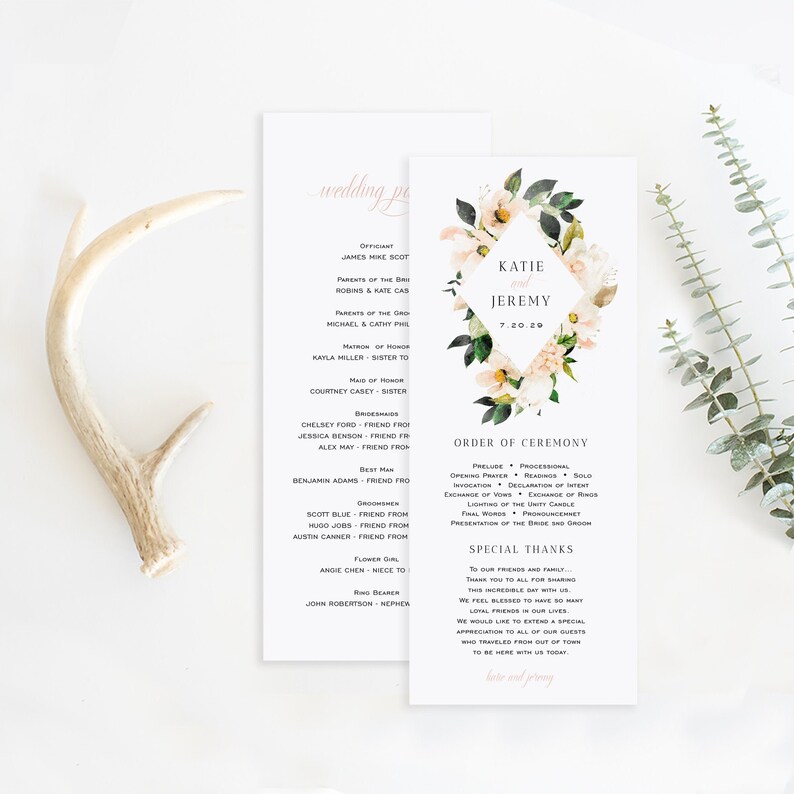 Watercolor Flower TEMPLETT PDF Jpeg #SPP066pr Ceremony Printable Template Printable Wedding Program Blush Floral Wedding Program Template