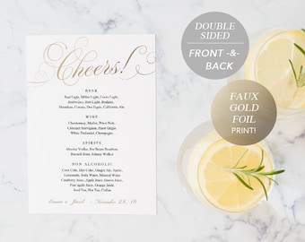 Drink Menu Template, Printable Wedding Drink Menu, Alcohol Menu, DIY Menu Card, TEMPLETT PDF Jpeg Download, Faux Gold Foil #SPP018dm57