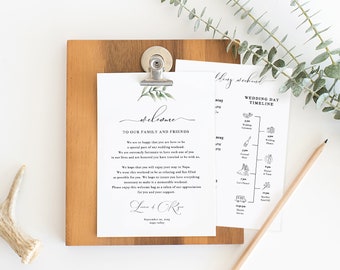 Greenery Wedding Itinerary Card, Welcome Note, Printable Wedding Itinerary, Wedding Timeline Icon, Welcome Bag Watercolor TEMPLETT #SPP011we