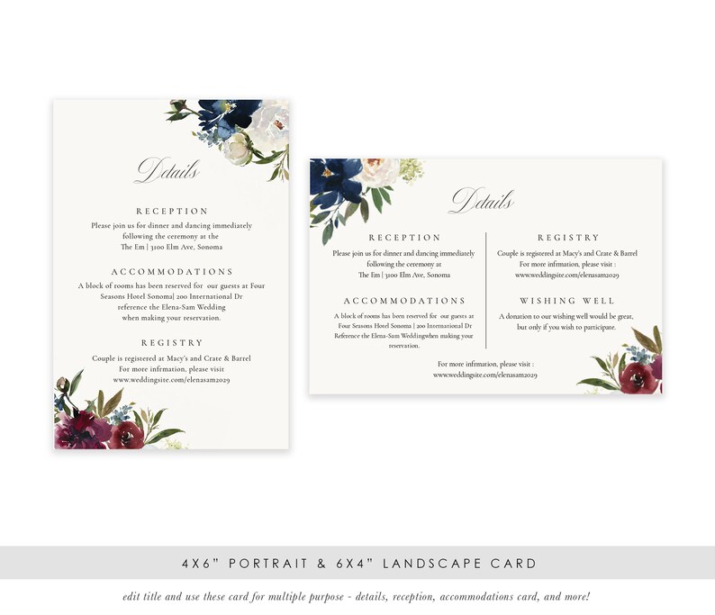 TEMPLETT Printable Details Card Wedding Enclosure Information card Red Navy Flowers Wedding Enclosure Card Template Autumn #SPP090wd