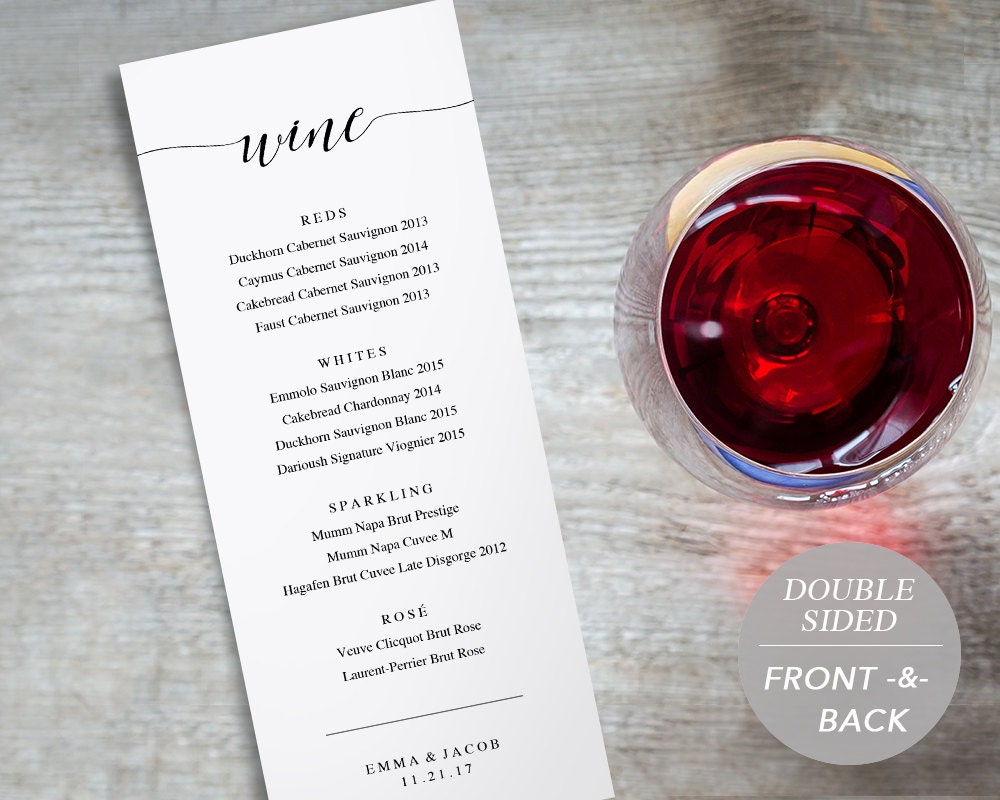 Wine Menu Printable Wedding Wine List Template Drink Menu