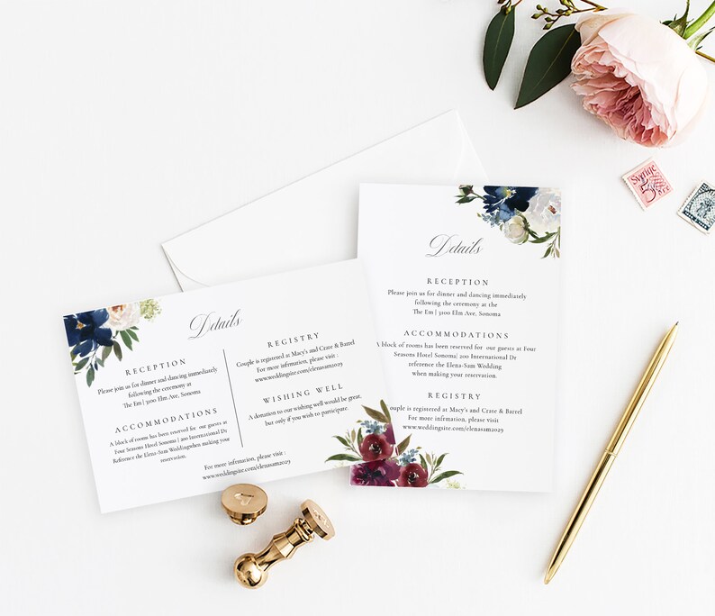 TEMPLETT Printable Details Card Wedding Enclosure Information card Red Navy Flowers Wedding Enclosure Card Template Autumn #SPP090wd