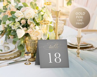 Printable Table Numbers, Wedding Table Number Printable rustic Wedding, PDF Template, tent fold table numbers, gray grey Faux Gold #SPP019tn