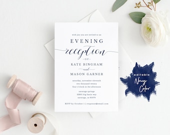 Printable Navy Reception Invitation Template, Evening Reception Invite, DIY Formal Wedding Reception Card, TEMPLETT, Modern #SPP008iiri