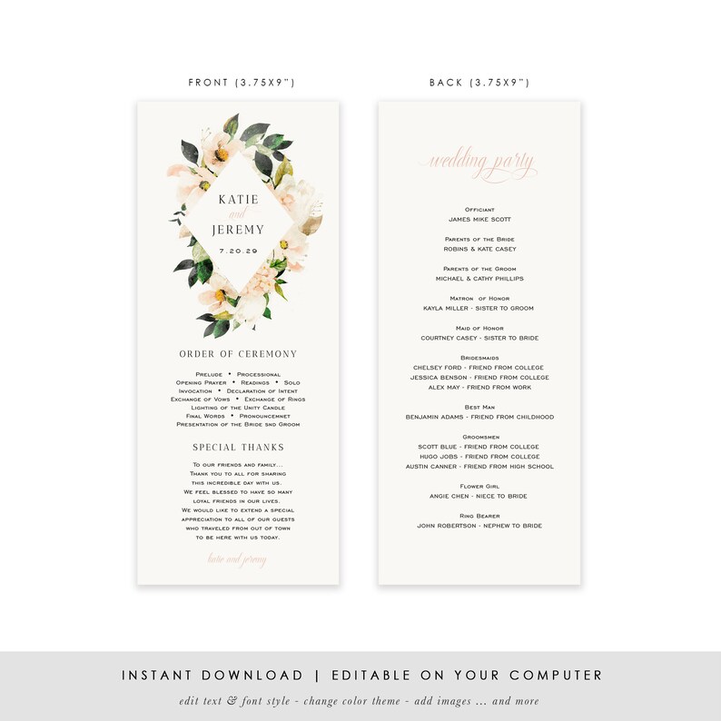 Watercolor Flower TEMPLETT PDF Jpeg #SPP066pr Ceremony Printable Template Printable Wedding Program Blush Floral Wedding Program Template