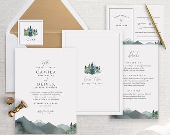 WInter Forest Wedding Invitation Template, Wedding Invitation Set, DIY Wedding Cards, TEMPLETT, PDF, Jpeg, Watercolor Mountain #SPP092wis