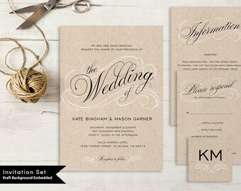 Printable Wedding Invitation Template, Wedding Invitation Set DIY Wedding Cards Instant Download Editable PDF Rustic Calligraphy #SPP015wis