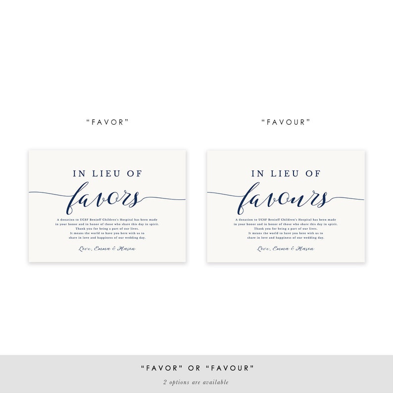 Navy In Lieu of Favors Sign, Favour Sign, Wedding Donation Card Template, Printable Wedding Sign, Modern Blue Wedding, TEMPLETT SPP008ilf image 5