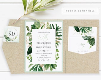 Tropical Greenery Wedding Invitation Template, Wedding Invitation Set, DIY Wedding Cards, TEMPLETT, PDF, Jpeg, Hawaiian Monstera #SPP067wis