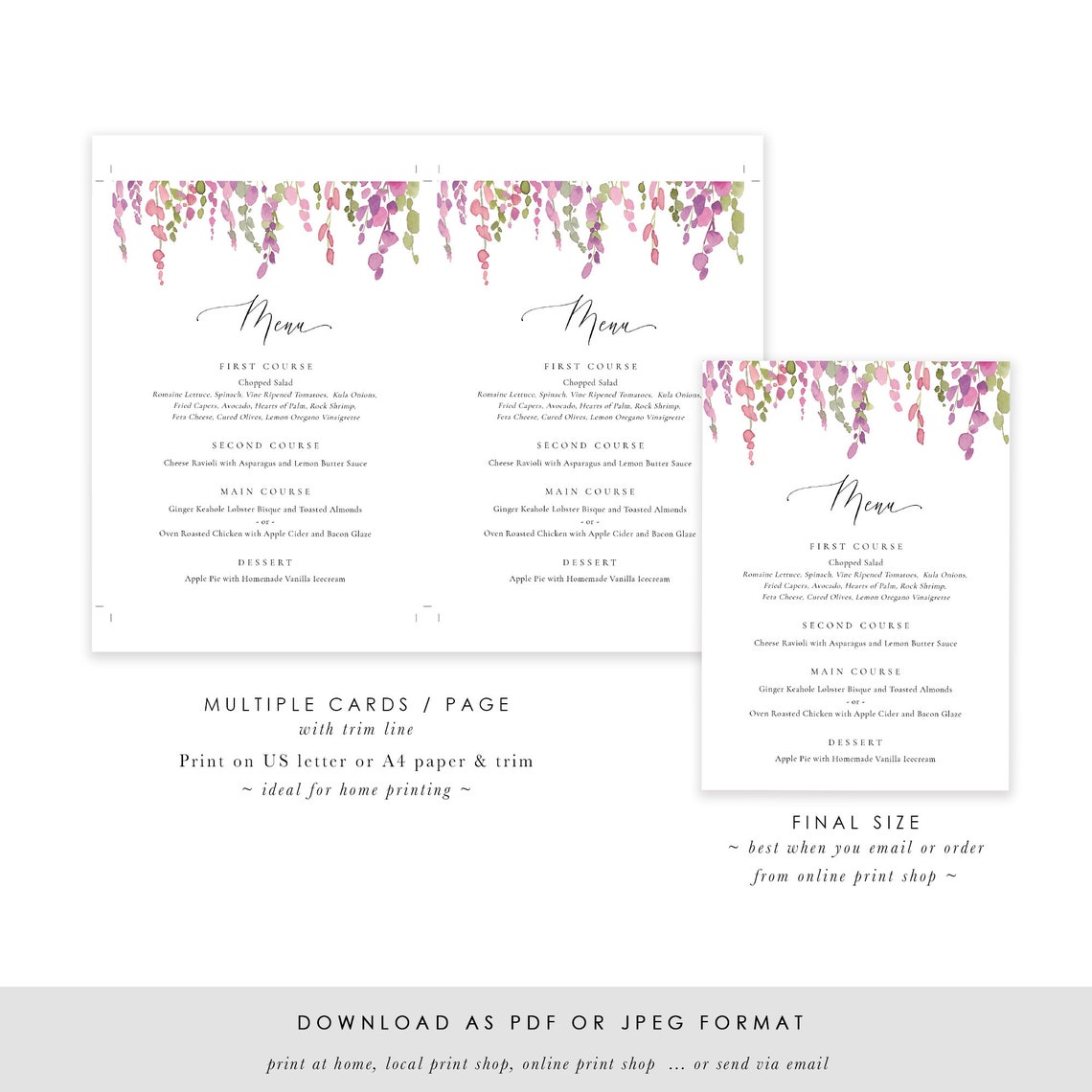 Purple Vine Dinner Menu Printable Wedding Menu Template Etsy
