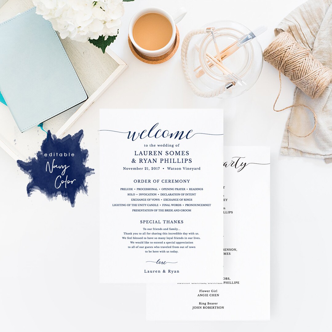 Navy Wedding Program Template, Printable Wedding Program, Ceremony ...
