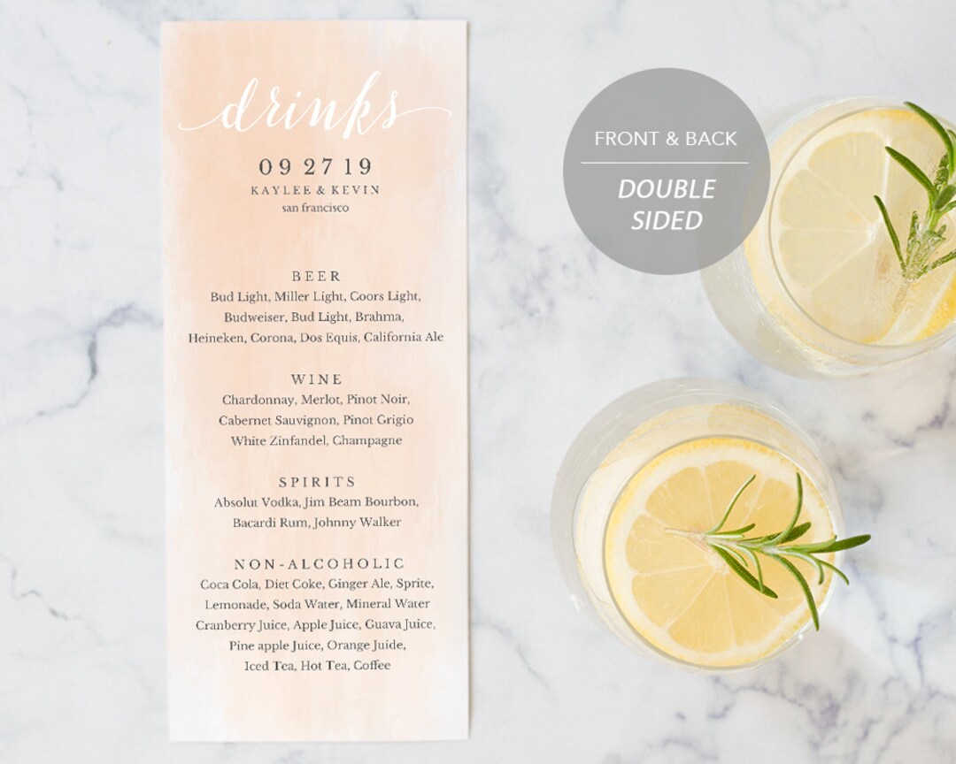 Drink Menu Template, Printable Wedding Drink Menu, Alcohol Menu, DIY ...