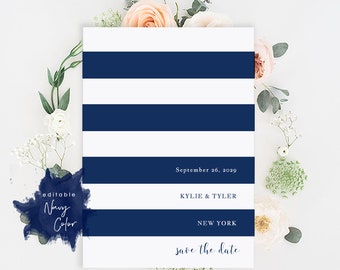 Printable Save-the-Date Template, Save the Date Invitation, DIY Wedding Card, Engagement Invite, TEMPLETT PDF Jpeg, Navy Stripe #SPP035sd