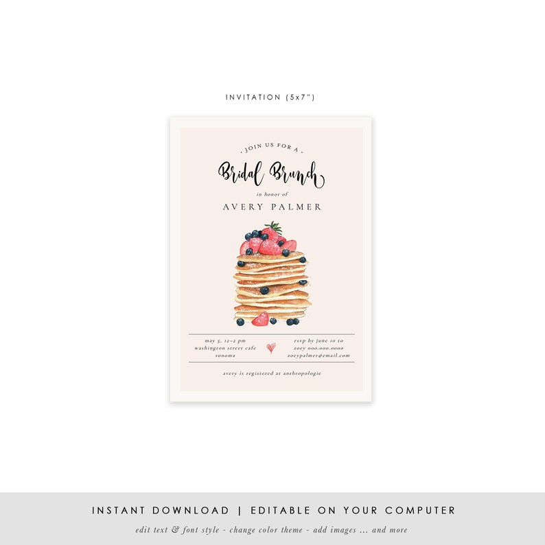 Pancake Bridal Brunch Invitation, Bridal Shower Template, Printable Couples Wedding Shower Invite Wedding Brunch TEMPLETT PDF Jpeg SPP070sw image 3