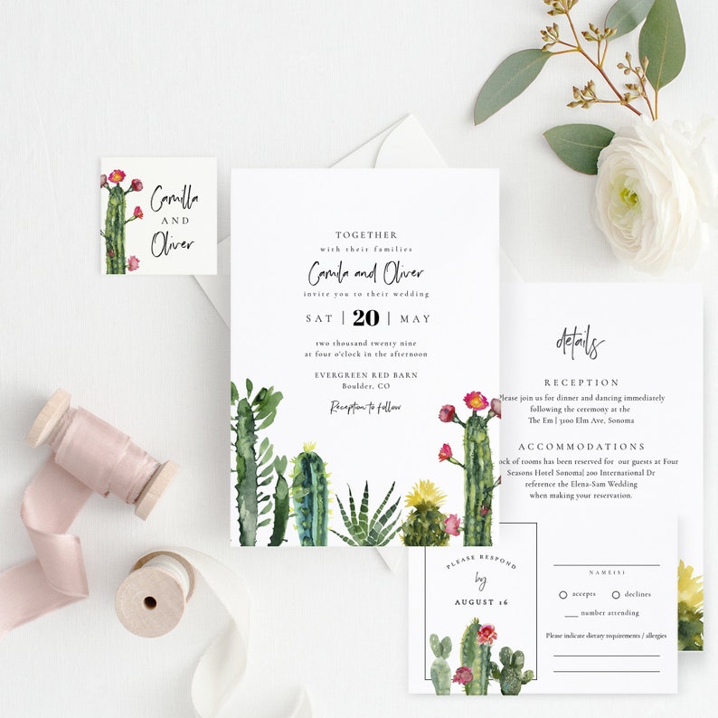 Jpeg DIY Wedding Cards Watercolor Greenery #SPP087wis Cactus Wedding Invitation Template PDF Wedding Invitation Set TEMPLETT