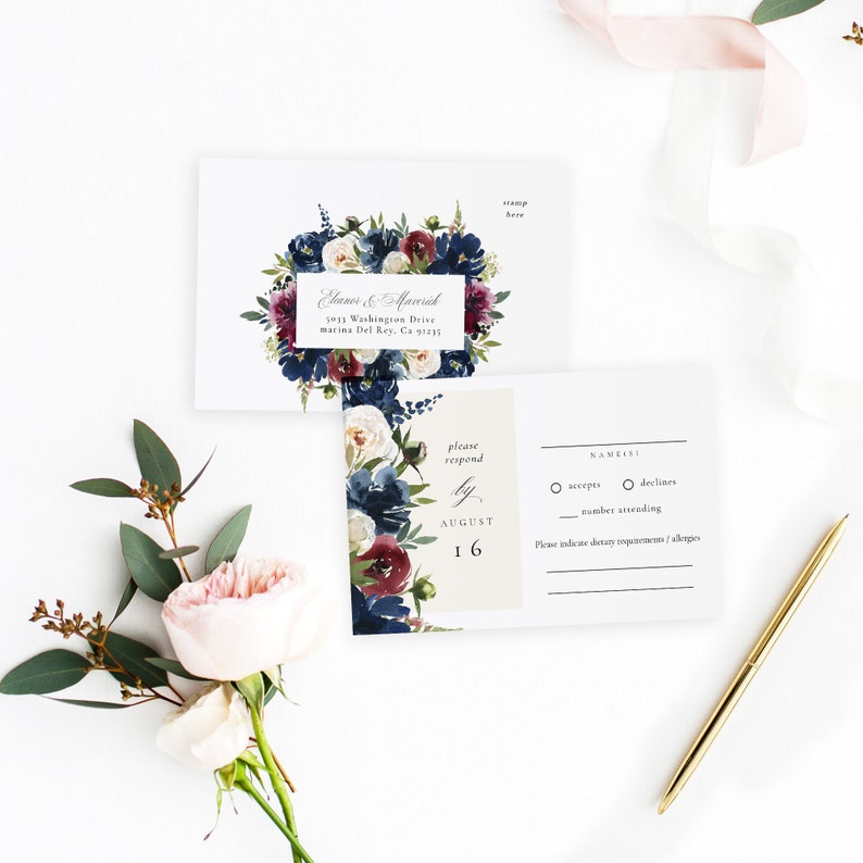 Red Navy Flowers Rsvp Card Template, Printable Wedding RSVP, RSVP Postcard, Response Card, TEMPLETT, Jpeg pdf, Winter Flower SPP090rs image 1