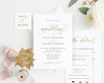 Printable Wedding Invitation Template, Wedding Invitation Set, DIY Wedding Cards, TEMPLETT, Modern Calligraphy, Faux Gold Wedding #SPP018wis