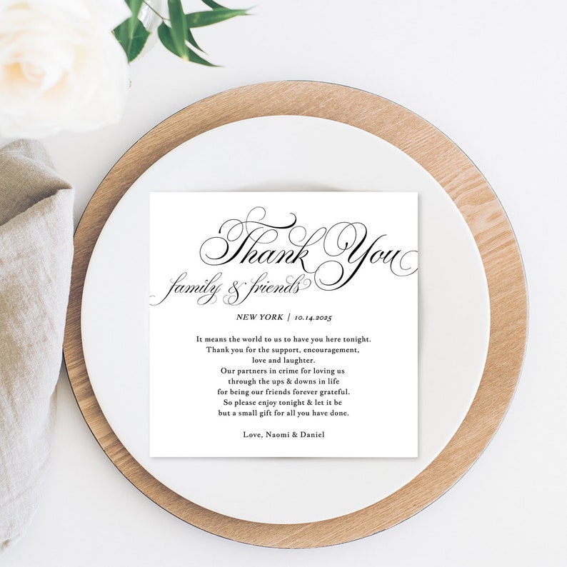 Wedding Thank You Note, Thank You Card, Thank You Letter, In Lieu of Favor Card, Place Setting Thank You, TEMPLETT PDF Jpeg SPP014ty image 1