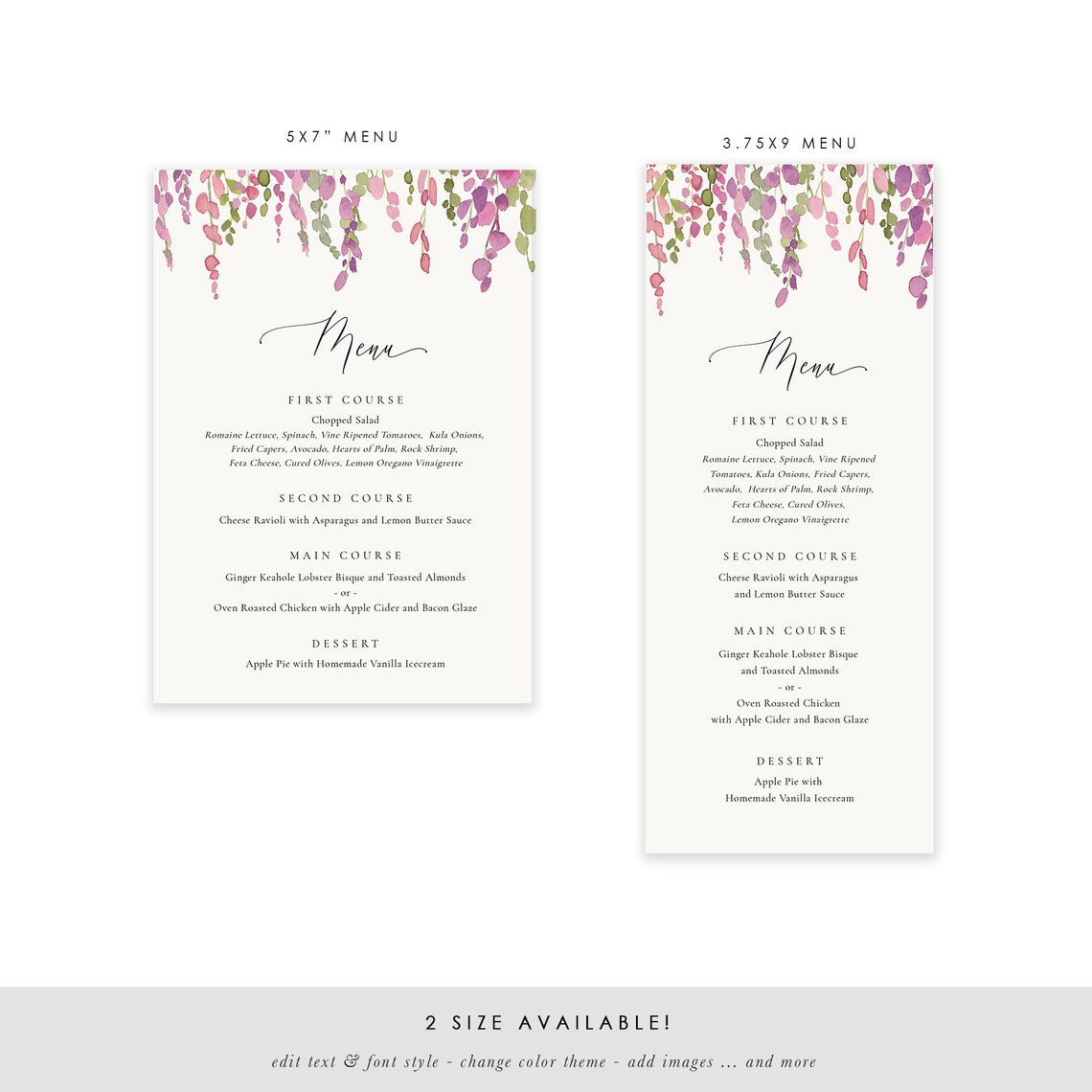 Purple Vine Dinner Menu Printable Wedding Menu Template Etsy