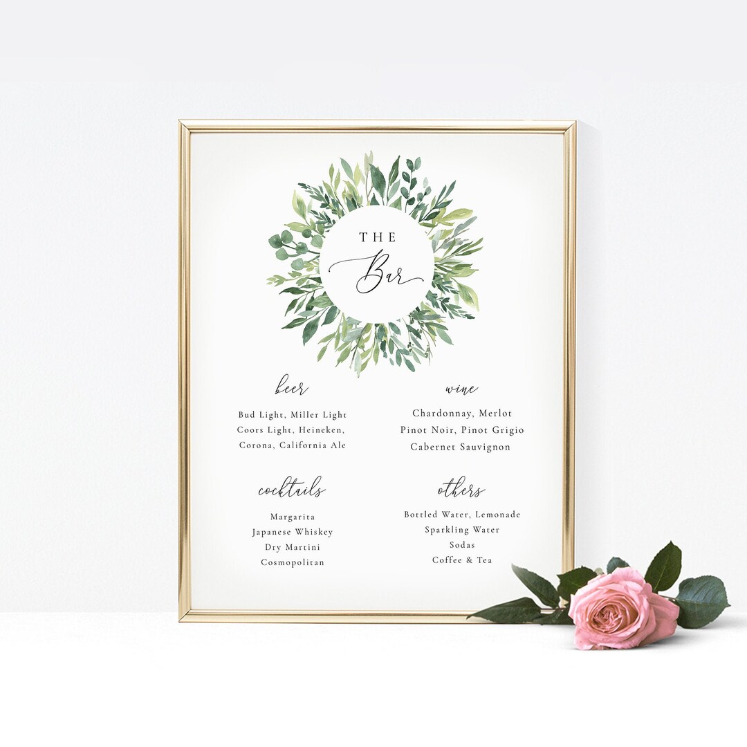 Greenery Bar Menu Sign Template, Bar Sign, Printable Wedding Bar Menu ...