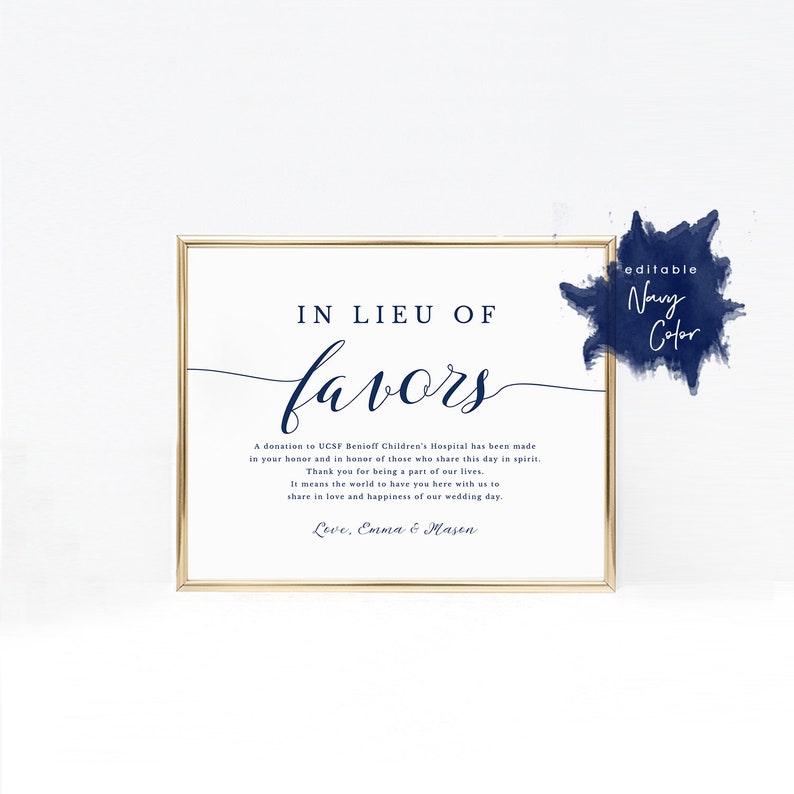 Navy In Lieu of Favors Sign, Favour Sign, Wedding Donation Card Template, Printable Wedding Sign, Modern Blue Wedding, TEMPLETT SPP008ilf image 3