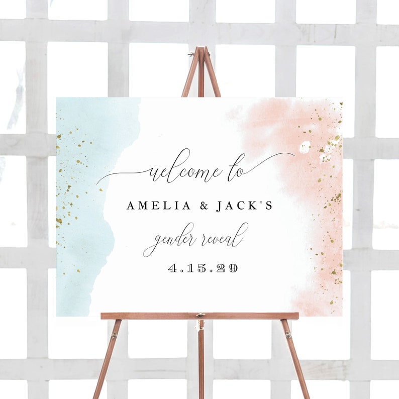 Welcome Sign Template, Gender Reveal Welcome Sign, Printable Gender Reveal Sign, Watercolor Blue or Pink, TEMPLETT PDF Jpeg SPP064GRS image 1