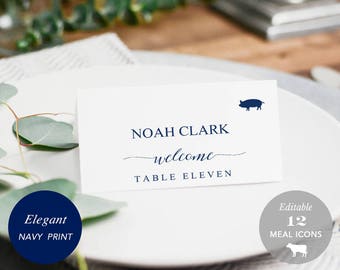 Navy Wedding Place Card Printable, Place Card Template, Meal Choice Selection, Name Card, Seating Card, Navy Blue, Templett #SPP008iipc