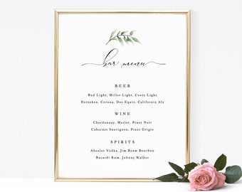 Greenery Bar Sign, Bar Menu, Wedding Bar Sign, Wedding Sign, Wedding Bar Menu Printable, Drink Menu TEMPLETT, Watercolor Wreath #SPP011bm