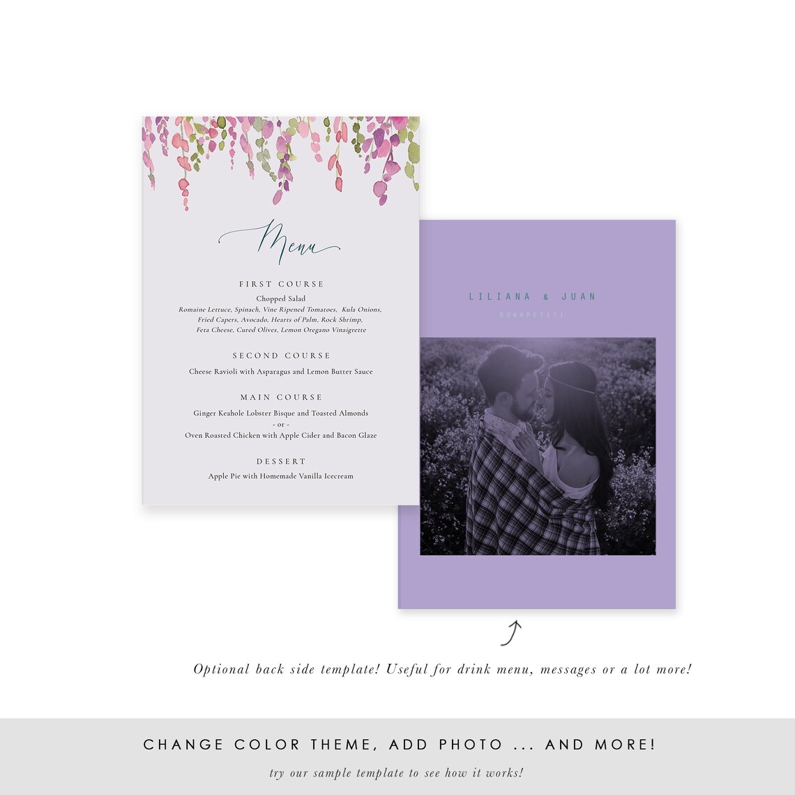 Purple Vine Dinner Menu Printable Wedding Menu Template Etsy