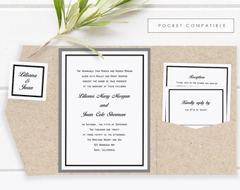 Printable Wedding Invitation Template, Wedding Invitation Set, DIY Wedding Cards, TEMPLETT, Traditional Frame Modern Pocket #SPP059wis