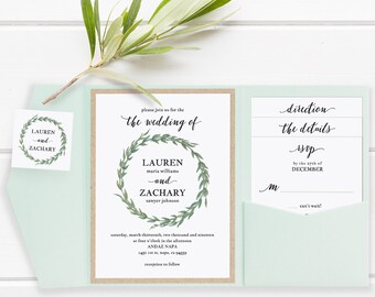 Pocket Wedding Invitation Set, Printable Wedding Invitation Template, DIY Wedding Invite, Download Rustic Watercolor Wreath #SPP032wip