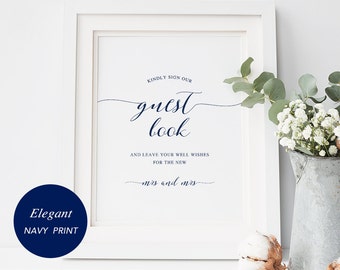 Guest Book Sign, Printable, Please Sign our Guest Book, Wedding Sign, Template, Reception Sign, TEMPLETT PDF Jpeg, Mrs and Mrs, Navy Blue