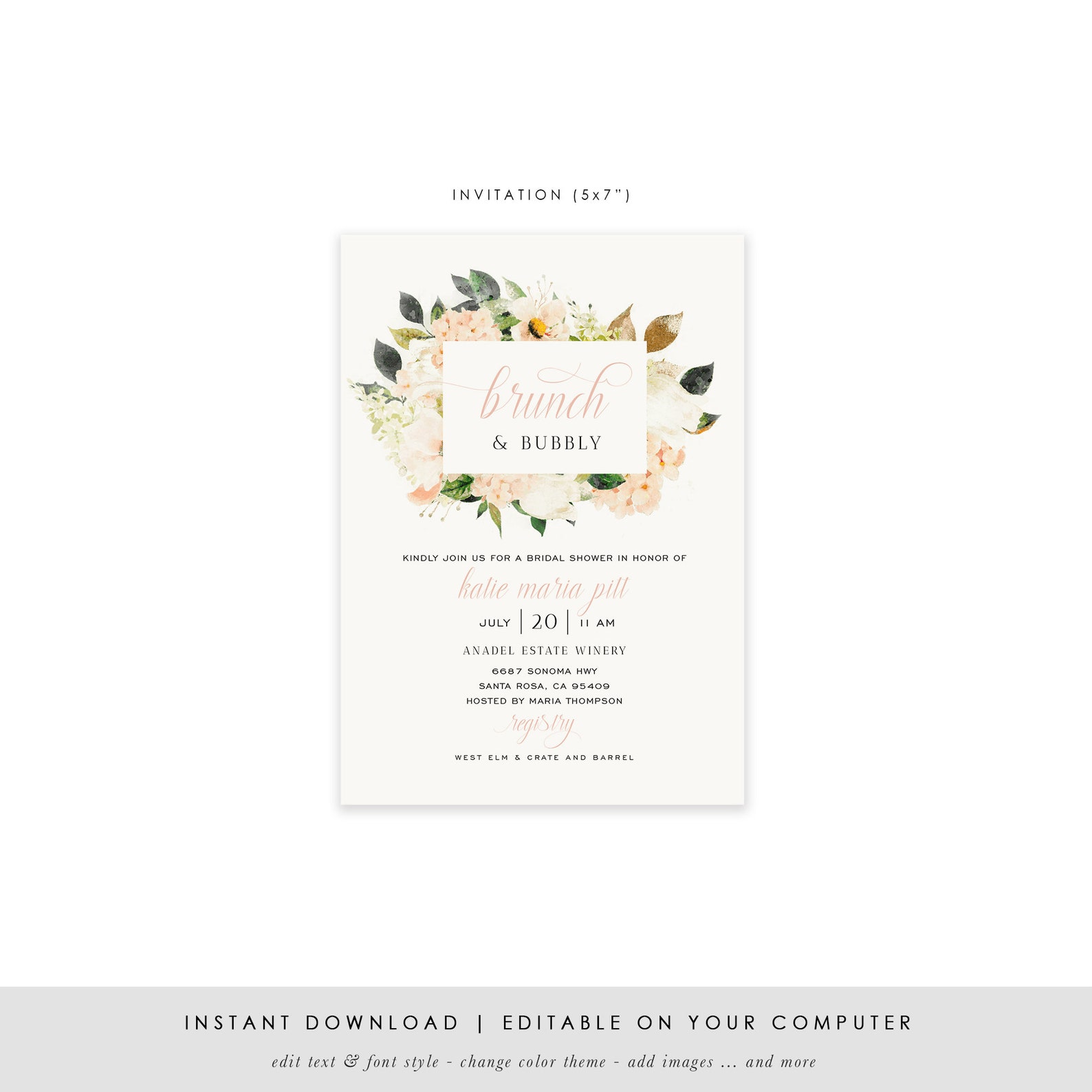 Boho Blush Bridal Shower Invitation Brunch and Bubbly Etsy