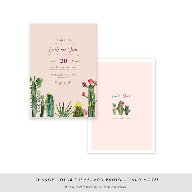 Jpeg DIY Wedding Cards Watercolor Greenery #SPP087wis Cactus Wedding Invitation Template PDF Wedding Invitation Set TEMPLETT