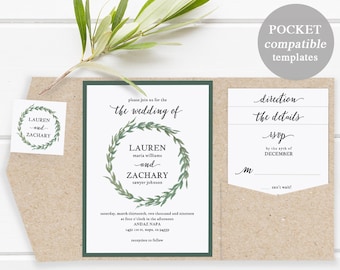 Pocket Wedding Invitation Set, Printable Wedding Invitation Template DIY Wedding Invite Download Watercolor Boatnical Wreath #SPP032wip