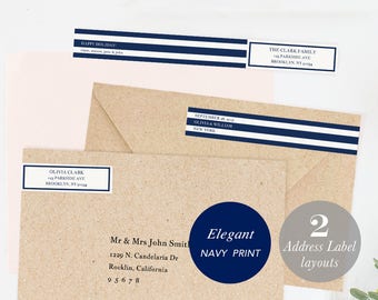 Envelope Wrap Address Label, Wraparound Label, Skinny Wrap Address, DIY Return Address, Editable Address PDF Instant Download navy #SPP035wr