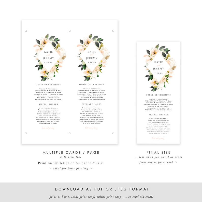 Watercolor Flower TEMPLETT PDF Jpeg #SPP066pr Ceremony Printable Template Printable Wedding Program Blush Floral Wedding Program Template