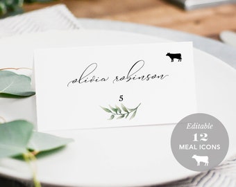 Wedding Place Card Printable, Place Card Template, Meal Choice Selection, Name, Seating, Templett, Rustic Watercolor Leaf #SPP011pc