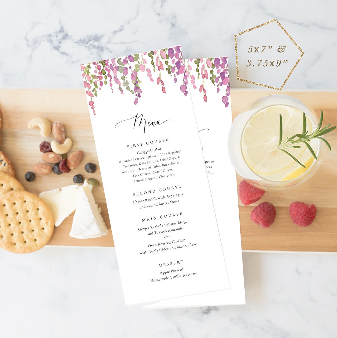 Purple Vine Dinner Menu Printable, Wedding Menu Template, Drink Menu, Wine List, TEMPLETT, Party