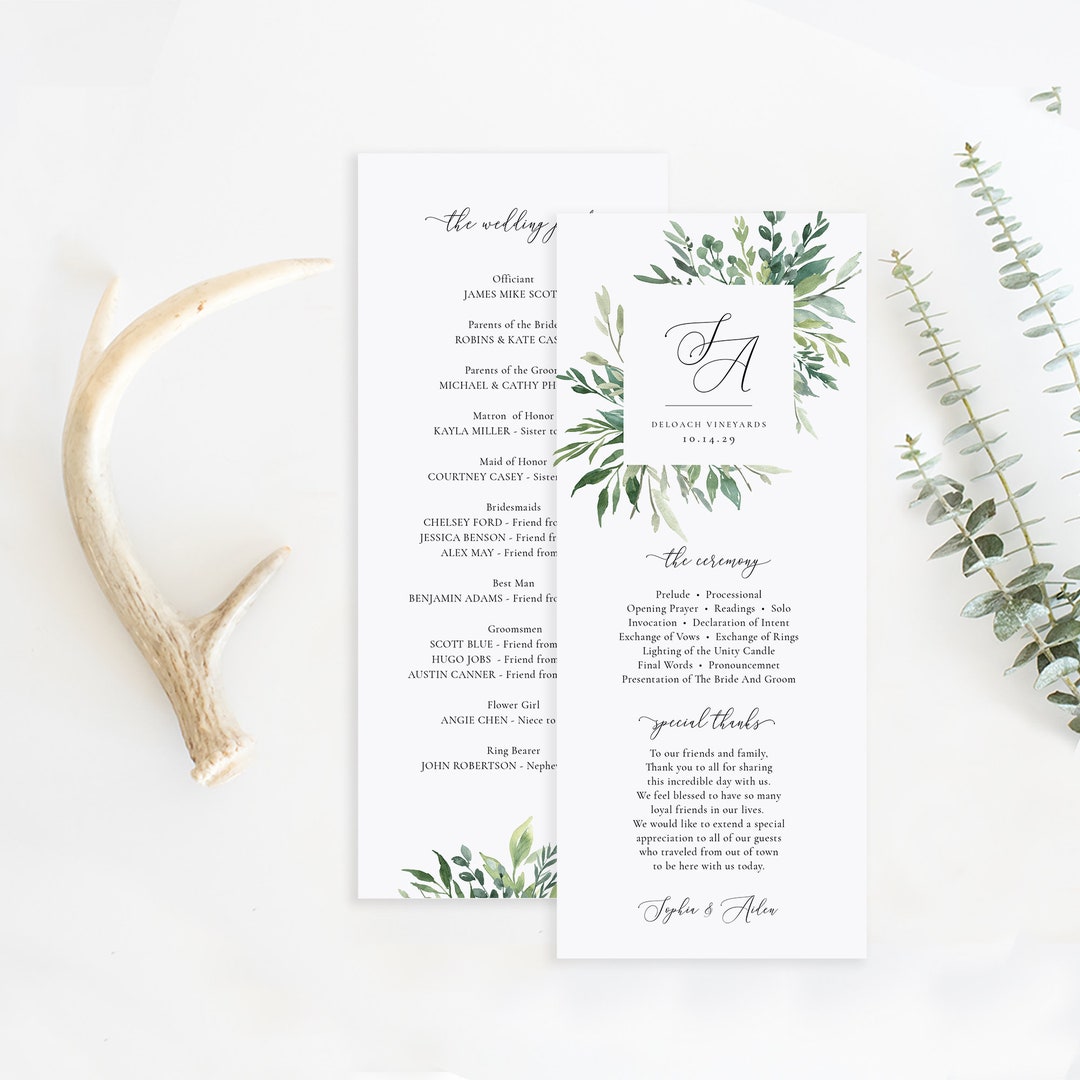 Greenery Frame Wedding Program Template Printable Wedding - Etsy